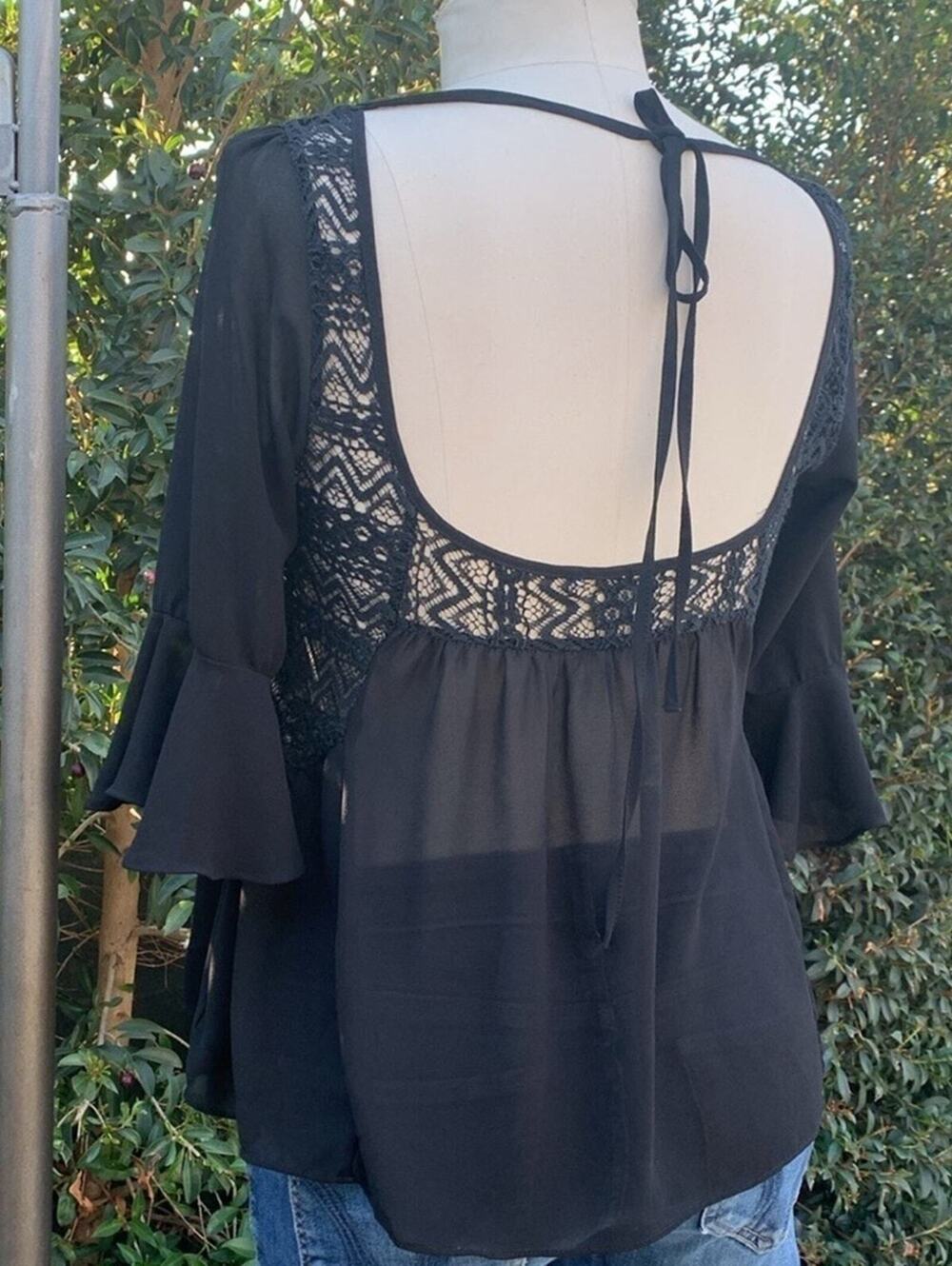 Y2K Sheer Emo Whimsy Black Boho Lace Bell Sleeve Top Foiry Boho Romantic
